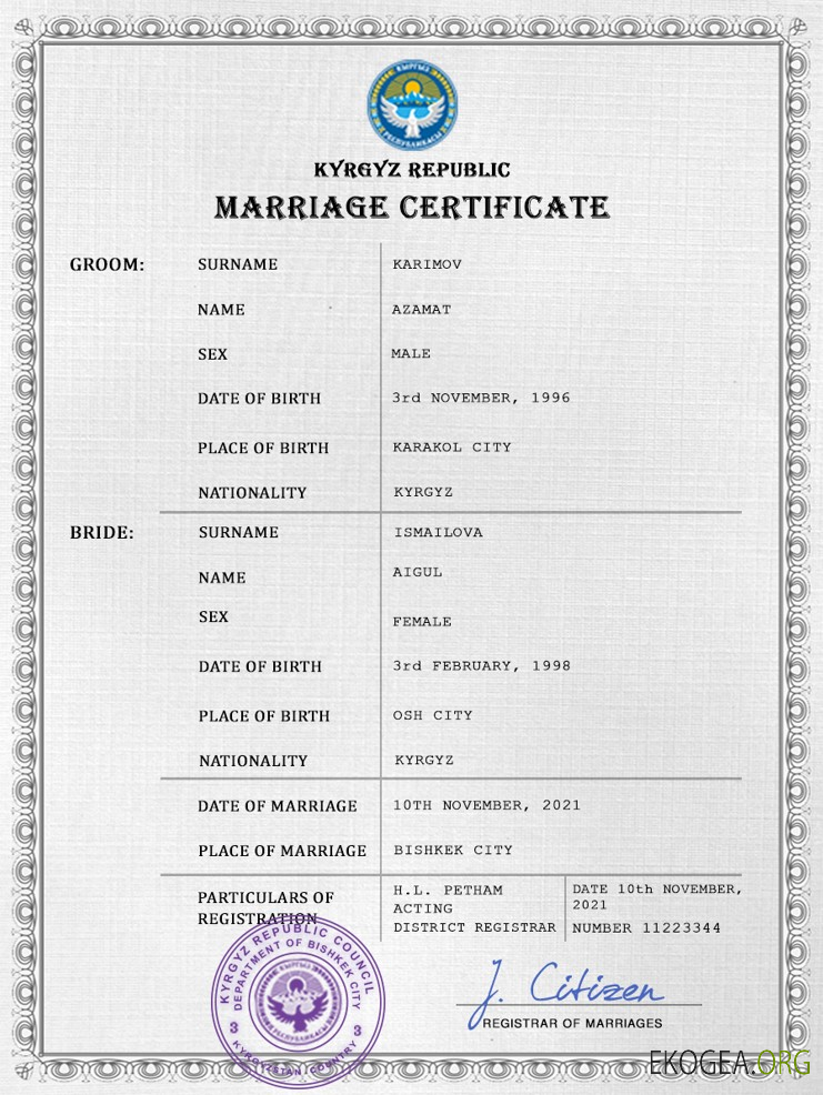 Modèle PSD de certificat de mariage au Kirghizistan